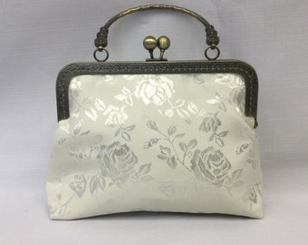 Satin Brocade Evening Bag/Dressy Cream Color Handbag/Antique Style Handbag/Fabric Purse/Antique Gold Frame with Ball Clasp