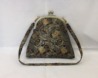 Silky Chinese Brocade Evening Bag/Dressy Metallic Gold, Silver & Black Handbag/Elegant Fabric Purse/Metal Frame with Fabric Shoulder Strap