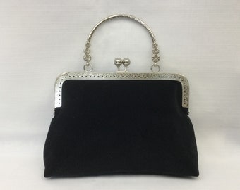 Velveteen Evening Bag/Dressy Basic Black Handbag/Antique  Style Bag/Top Handled Bag/Fabric Purse/Silver Frame with Ball Clasp