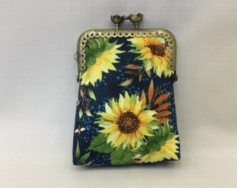 Sunflower Change Purse/Coin Pouch/Mini Cosmetics Bag/Yellow and Blue Makeup Pouch/Purse Organizer/Purse Frame with Flower Clasp