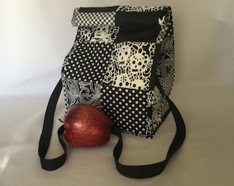 Large Lunch Bag with Removable Shoulder Strap/Patchwork Gift Bag/Fabric Picnic Bag/Skulls Storage Bag