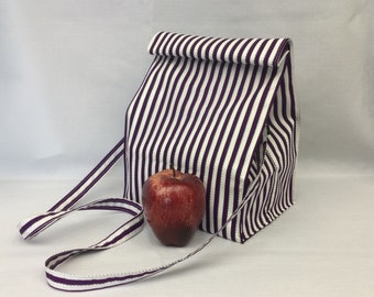 Large Lunch Bag with Removable Shoulder Strap/Purple and White Gift Bag/Fabric Picnic Bag/Striped Storage Bag