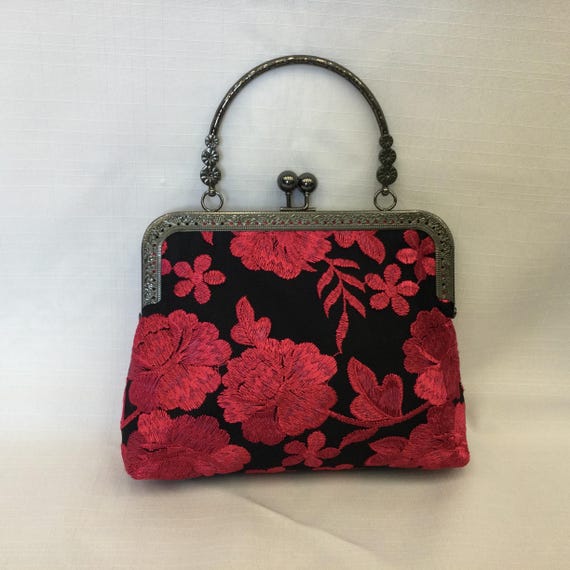 Embroidered Evening Bag/fuchia & Black Fabric Handbag/metal  display picture 3