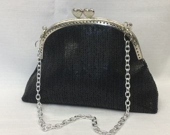 Squatty Little Sequin Evening Bag/Dressy Black Handbag/Elegant Fabric Purse/Purse Frame with Chain Handle