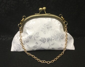 Silky Roses Brocade Evening Bag/Dressy White on White Handbag/Elegant Fabric Purse/PurseFrame with Chain Handle