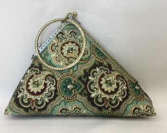 Triangle Evening Bag/Rhinestone Bangle Handle Purse/Dressy Green & Gold Abstract Design Bag/Fabric Clutch/Triangular Antique Gold Frame