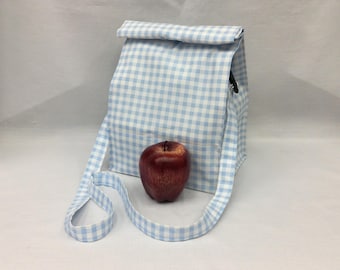 Gingham Lunch Bag with Shoulder Strap, Blue & White Picnic Bag