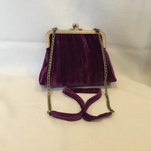 Pleated Velvet Evening Bag: Multi-Tone Purple, Antique Gold Frame Cross Body Strap