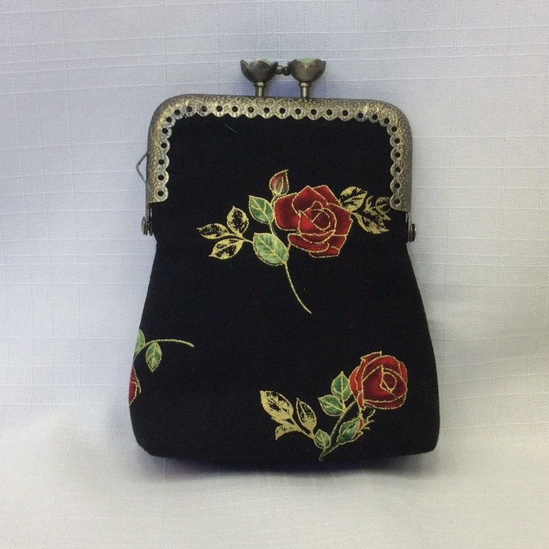 Gold Trimmed Roses Change Purse/Coin Pouch/Mini Cosmetics Bag/Black and Red Makeup Pouch/Purse Organizer/Purse Frame with Flower Clasp/ image 1