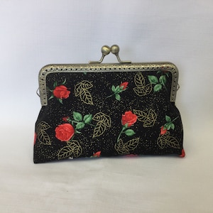 Trousse à maquillage roses rouges/organisateur de sac à main feuille dorée/sac à main pour enfant/porte-monnaie à langer en tissu/cadre de sac à main avec fermoir boule