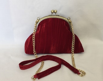 Pleated Velvet Purse/Multi Tone Red Handbag/Evening Handbag/Fabric Purse/Antique Gold Purse Frame with Ball Clasp