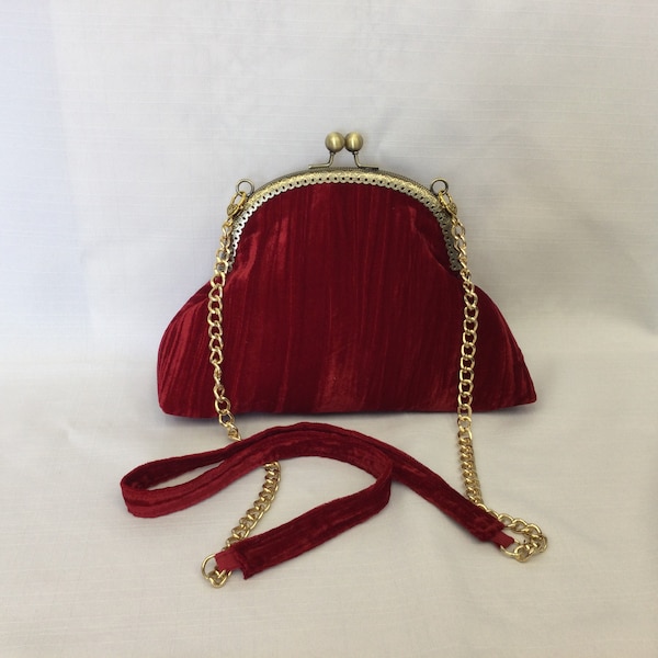 Pleated Velvet Purse/Multi Tone Red Handbag/Evening Handbag/Fabric Purse/Antique Gold Purse Frame with Ball Clasp