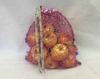 Rose Pink Mesh Produce Bag/Fabric Grocery Bag/Drawstring Shopping Bag/Eco Friendly No Waste Produce Bag