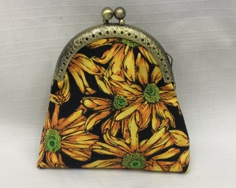 Sunflower Change Purse/Yellow & Black Coin Pouch/Mini Cosmetics Bag/Key Pouch/Lipstick Holder/Gold Filigree Purse Frame with Ball Clasp