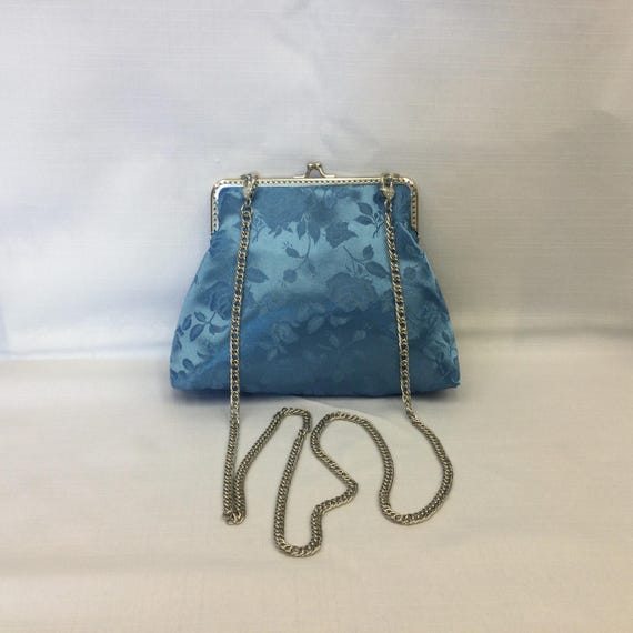 Satin Brocade Evening Bag: Sky Blue Floral Handbag With  display picture 3