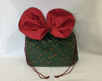 Drawstring Gift Bag/Teddy Bears & Christmas Lights Gift Bag/Fabric Gift Bag with Self Bow/Storage Bag/Large Size Decor Bag/Reusable Gift Bag