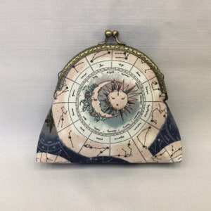 Bolsa de cosméticos com design de calendário do zodíaco/organizador de bolsas/mini bolsa com sol, lua e constelação/moldura de bolsa com fecho de bola