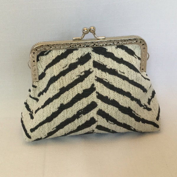 Zebra Design Cosmetics Bag/Textured Clutch/Makeup Bag/Black and White Fabric Clutch/Purse Organizer/Purse Frame and Ball Clasp