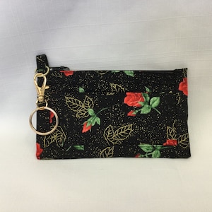 Porte-clés roses rouges/mini porte-monnaie/feuilles dorées porte-cartes de crédit/pochette à pilules/ensemble pièce en tissu, carte de crédit et porte-clés