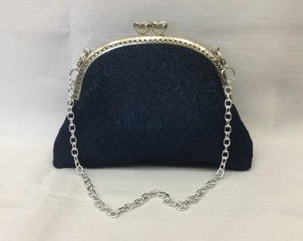 Squatty Little Sequin Evening Bag/Dressy Navy Blue Handbag/Elegant Fabric Purse/Purse Frame with Chain Handle