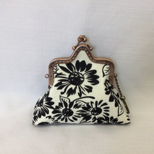 Daisies & Bees Purse Organizer/Mini Cosmetics Bag/Black and White Change Purse/Fabric Pouch with Key Ring/Decorative Purse Frame