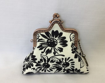 Daisies & Bees Purse Organizer/Mini Cosmetics Bag/Black and White Change Purse/Fabric Pouch with Key Ring/Decorative Purse Frame