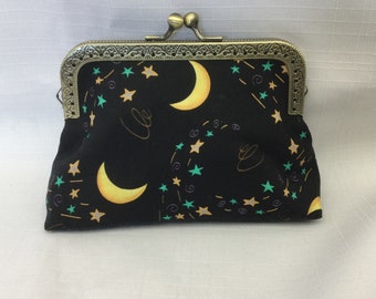 Moons and Shooting Stars Change Purse/Night Sky Coin Pouch/Mini Cosmetics Bag/Fabric Purse Organizer/Purse Frame with Ball Clasp