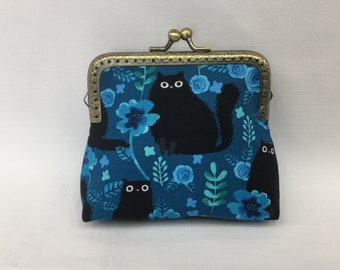 Kartoon Kitties Change Purse/Black Cat Coin Pouch/Mini Cosmetics Bag/Fabric Purse Organizer/Credit Card Case/Purse Frame with Clasp