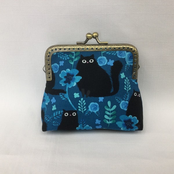 Kartoon Kitties Change Purse/Black Cat Coin Pouch/Mini Cosmetics Bag/Fabric Purse Organizer/Credit Card Case/Purse Frame with Clasp