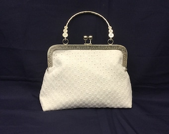 White on White Eylette Evening Bag/Dressy White Handbag/Top Handled Bag/Fabric Purse/Silver Decorative Handled Frame