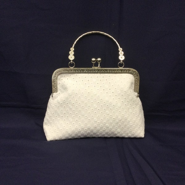 White on White Eylette Evening Bag/Dressy White Handbag/Top Handled Bag/Fabric Purse/Silver Decorative Handled Frame
