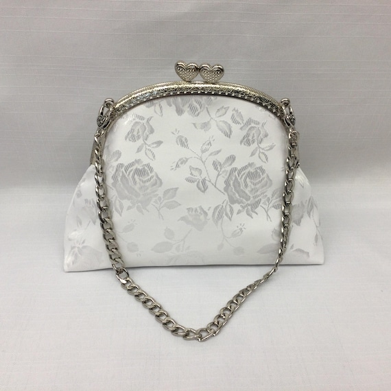 White Brocade Rose Evening Bag, Silver Chain Handle