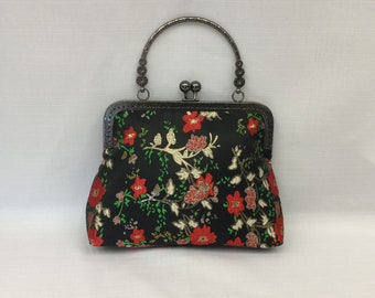 Satin Brocade Roses Evening Bag/Dressy Black, Red and Gold Handbag/Antique Style Bag/Top Handled Bag/Fabric Purse/Black Metal Frame