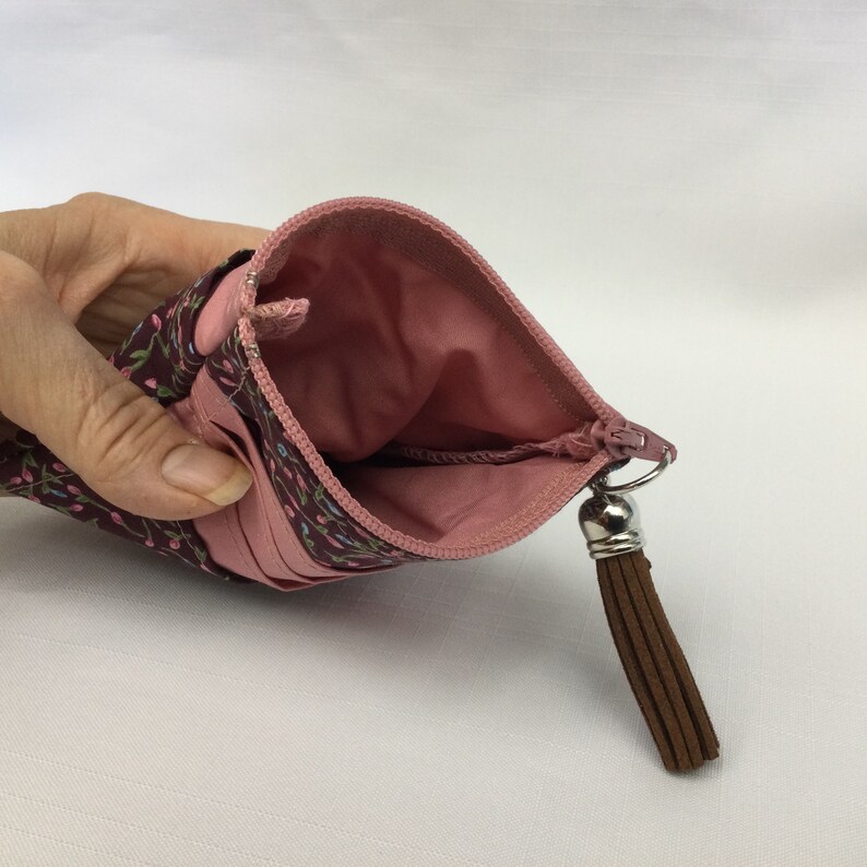 Pink /& Brown Floral Change PurseCredit Card HolderSmall WalletCoin PouchCash and Credit Card ToteFabric Wallet Mini Purse