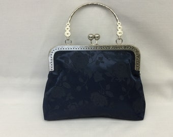 Satin Brocade Roses Evening Bag/Dressy Dark Navy Handbag/Antique Style Bag/Top Handled Bag/Fabric Purse/Silver Frame with Ball Clasp