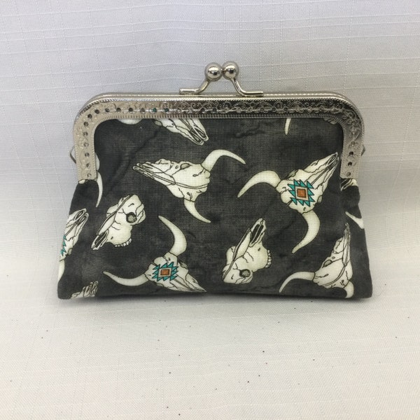 Western Skull Change Purse/Cow Skull Coin Pouch/Grey & White Key Pouch/Fabric Purse Organizer/Mini Makeup Bag/Purse Frame with Ball Clasp