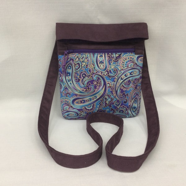 Purple Paisley Design Shoulder Bag/Lightweight Crossbody Bag/Faux Suede and Cotton Tote/Fabric Purse/Hip Bag/Messenger Bag/Walking Bag