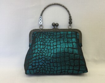 Lame Evening Bag/Dressy Teal & Black Handbag/Antique Style Bag/Shimmering Top Handled Bag/Fabric Purse/Gunmetal Frame with Ball Clasp