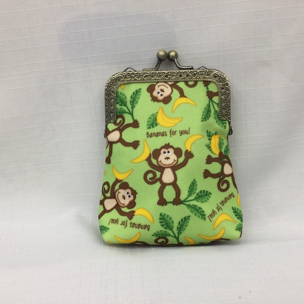 BANANAS FOR YOU Change Purse/Mischievous Monkeys Coin Pouch/Mini Cosmetics Bag/Purse Organizer/Fabric Makeup Bag/Purse Frame Change Purse