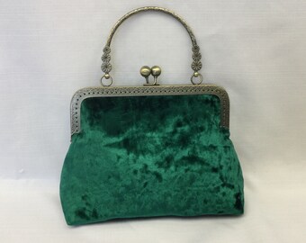 Crushed Velvet Evening Bag/Dressy Multi Tone Green Handbag/Antique Style Bag/Top Handled Bag/Fabric Purse/Antique Gold Frame with Ball Clasp