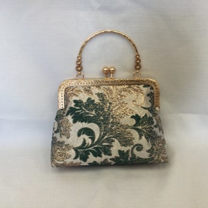 Metallic Evening Bag/Dressy Green, Gold & Silver Handbag/Antique Style Handbag/Fabric Purse/Antique Style Light Golden Frame with Ball Clasp