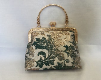 Metallic Evening Bag/Dressy Green, Gold & Silver Handbag/Antique Style Handbag/Fabric Purse/Antique Style Light Golden Frame with Ball Clasp