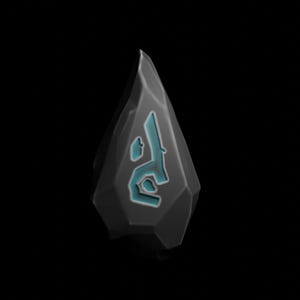 Puede incluir: Una piedra de color gris oscuro con un símbolo azul turquesa tallado en ella. La piedra tiene forma de lágrima.