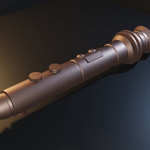 May include: A metallic brown lightsaber with a textured handle and a black button on the side. The lightsaber has a black and silver tip.