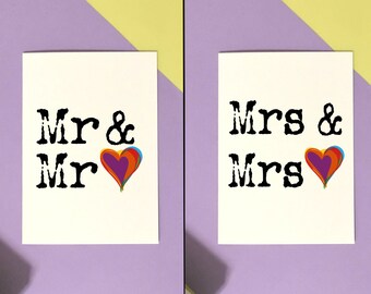 Mr and Mr, Mrs and Mrs, Gay Wedding Card, Same Sex Wedding, Groom and Groom, Pride Wedding, Civil Partnership, Gay Couple Card, LGBT