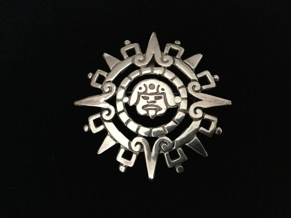 Mexico silver, Sterling silver Pin, Mayan calenda… - image 1