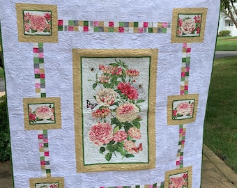 Edredón de rosas contemporáneo, edredón casero, edredón hecho a mano