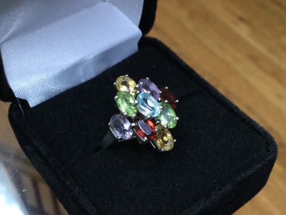 Multi gemstone ring, sterling cluster gemstone lad
