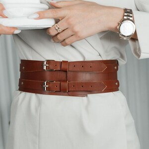 Genuine Leather waist belt, brown waist belt, wide harness belt, Coat waist belt, double straps belt, Dress belts for women, Suit waist belt