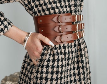 Genuine Leather waist belt, brown waist belt, wide harness belt, Coat waist belt, Triple straps belt, studded waist belt, Suit wide belt